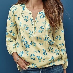 J JILL Love Linen Blouse Popover Top Print Beach Resort Wear Boho Yellow Blue LP